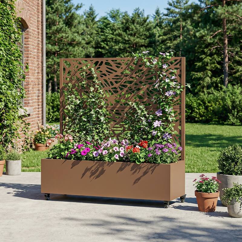 Metal Galvanized Planter Box with Trellis Privacy Screen Lockable Wheels - Brown - 47"x47"