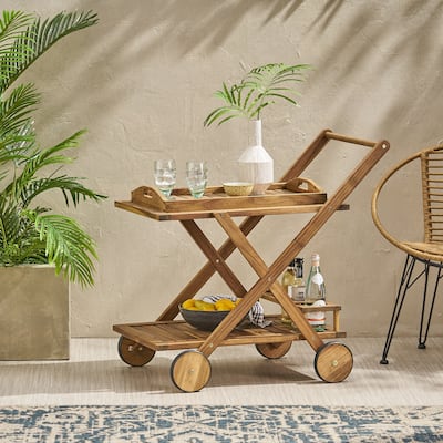 Roomfitters Outdoor Wooden Rolling Bar Cart with Bottle Holders, Serving Trolley with Two-Tier Storage, Natural Wood