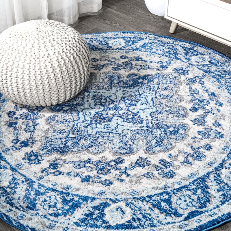 JONATHAN Y Inigo FLAIR Boho Vintage Medallion Area Rug - 5' Round - Cream/Blue