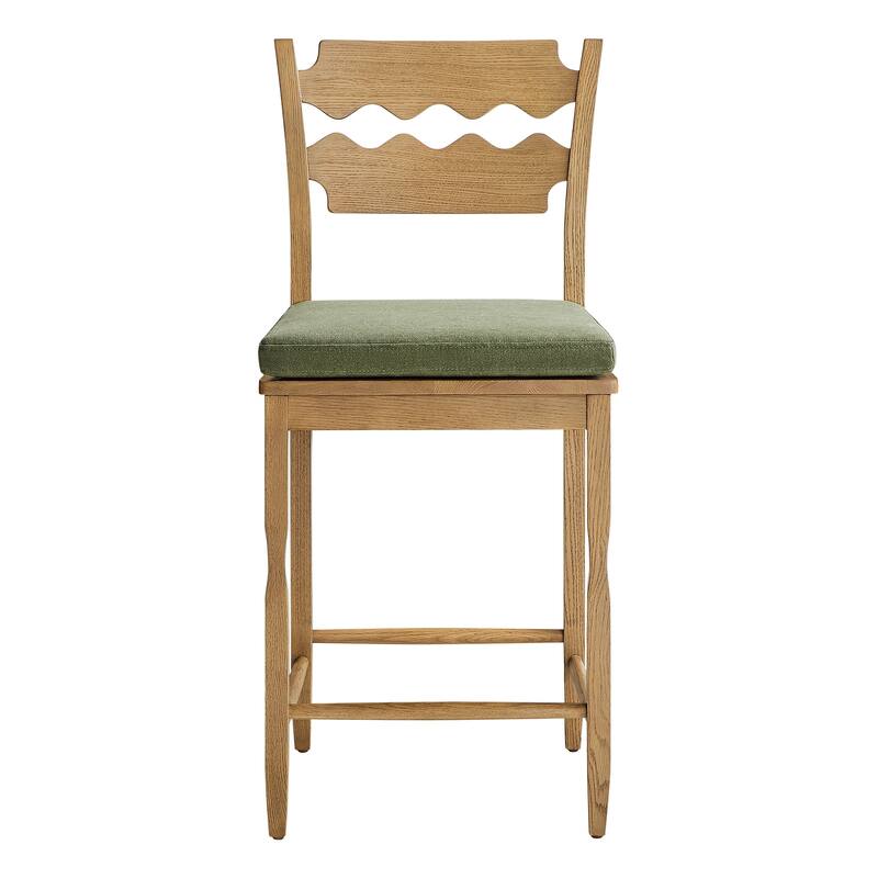 Jax Oak Wood Counter Stool With Wavy Razor Back and Cushion