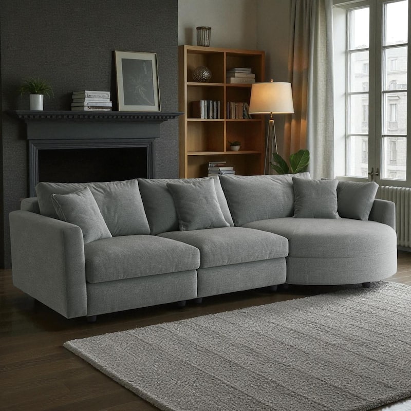 105" Chenille 3-Piece Sectional Sofa with Curved Chaise, Pine Wood Frame & 3 Throw Pillows for Living Rooms and Apartments