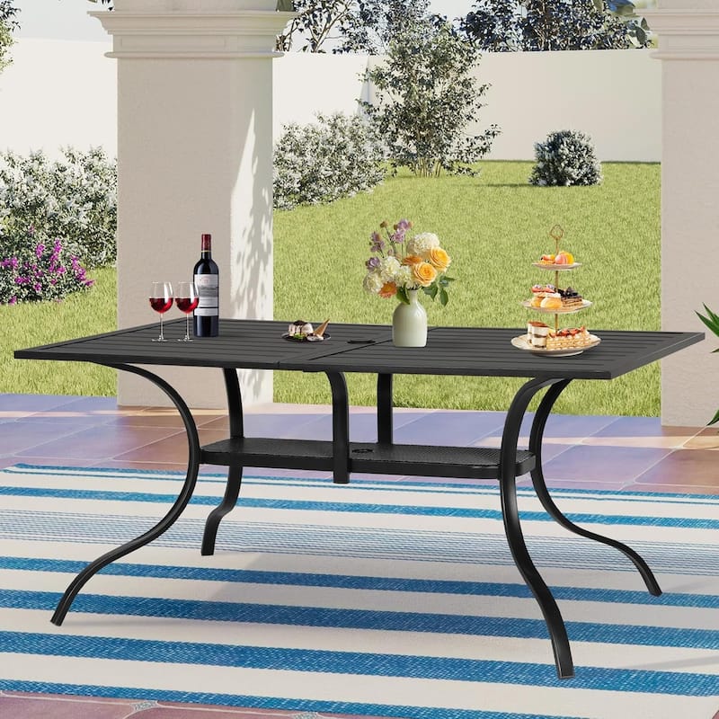 60" x 37" Outdoor Patio Rectangular Metal Slatted Dining Table with Umbrella Hole for 6 Person