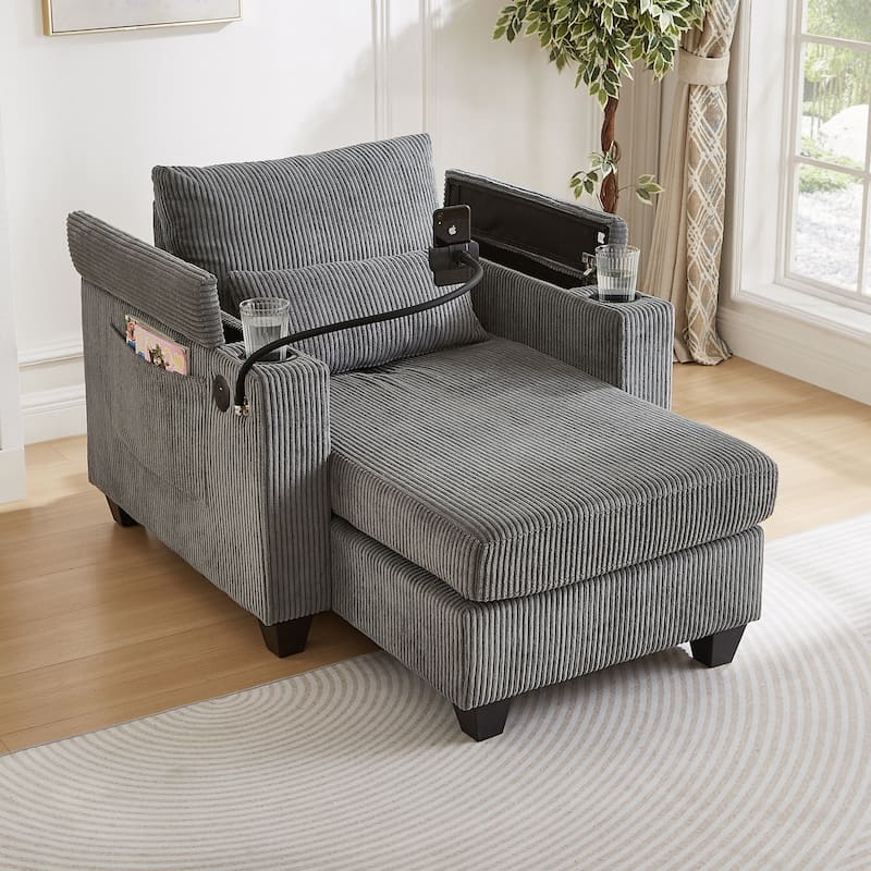 Convertible Chaise Lounge Sofa Chair with USB Ports, Storage 37.4" Corduroy Sleeper Sofa Bed with Adjustable Backrest - Grey