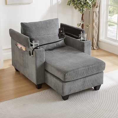 Convertible Chaise Lounge Sofa Chair with USB Ports, Storage 37.4" Corduroy Sleeper Sofa Bed with Adjustable Backrest