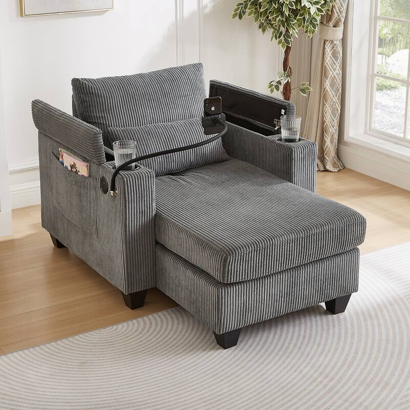 Corduroy Convertible Chaise Lounge with USB, Cup Holders & Storage - Grey