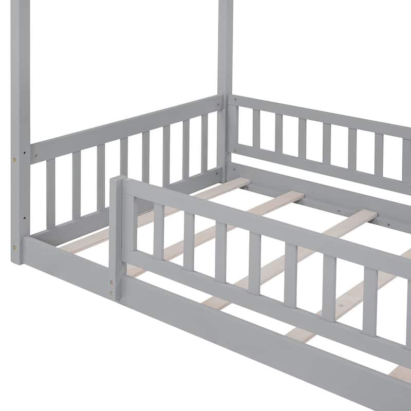 Twin Size Wood House Bed Frame with Fence for Kids and Teens, Gray