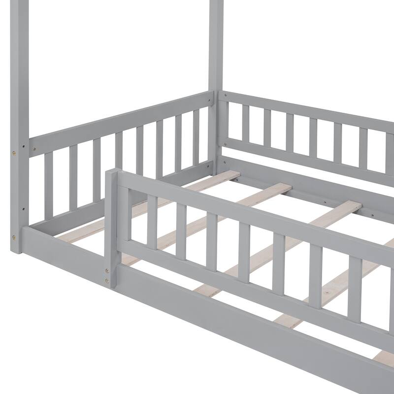 Twin Size Wood House Bed Frame with Roof and Fence - Fun and Safe Design for Children's Bedrooms, Small Space