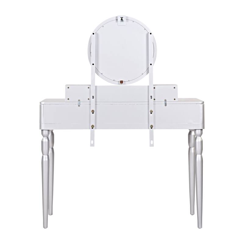 Luxury Vanity Desk with Round Mirror,Height-Adjustable, Stylish Dressing Table Set, 4 Drawers & Stool