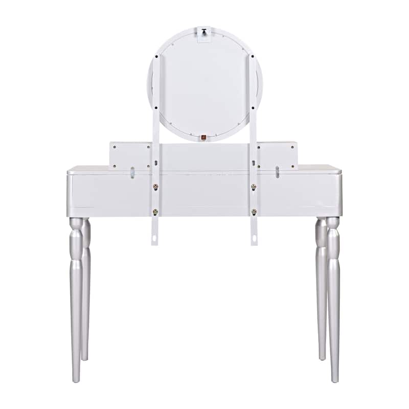 Luxury Vanity Desk with Round Mirror,Height-Adjustable