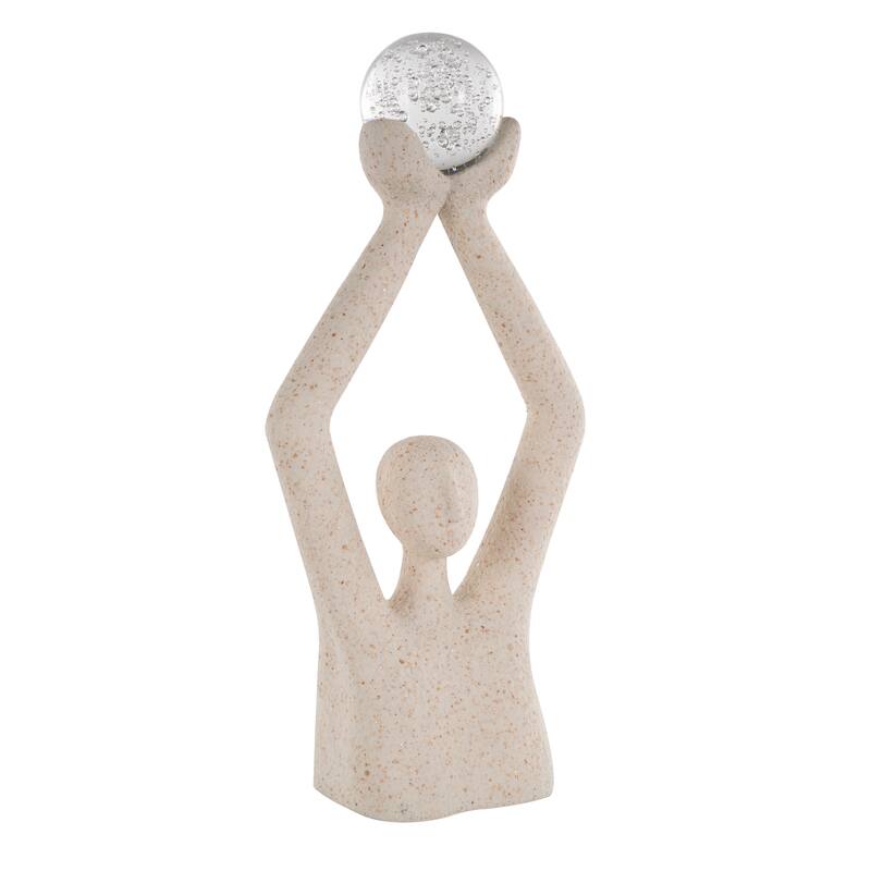 Cream Polystone Abstract Textured People Decorative Sculpture with Clear Glass Ball and Gold Speckles