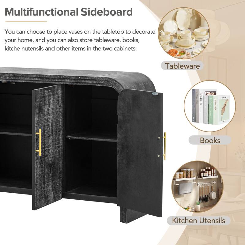 Retro Minimalist Curved Sideboard with Gold Handles and Adjustable Dividers for Living Room or Dining Room