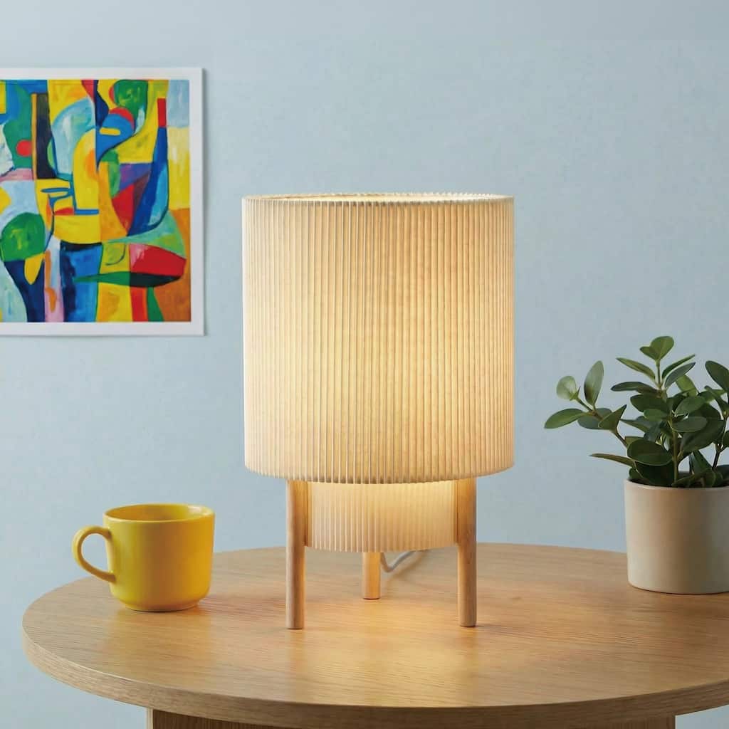 10" Table Lamp with Pleated Fabric Shade, Natural Rubber Wood Base, Dimmerable Rotary Switch
