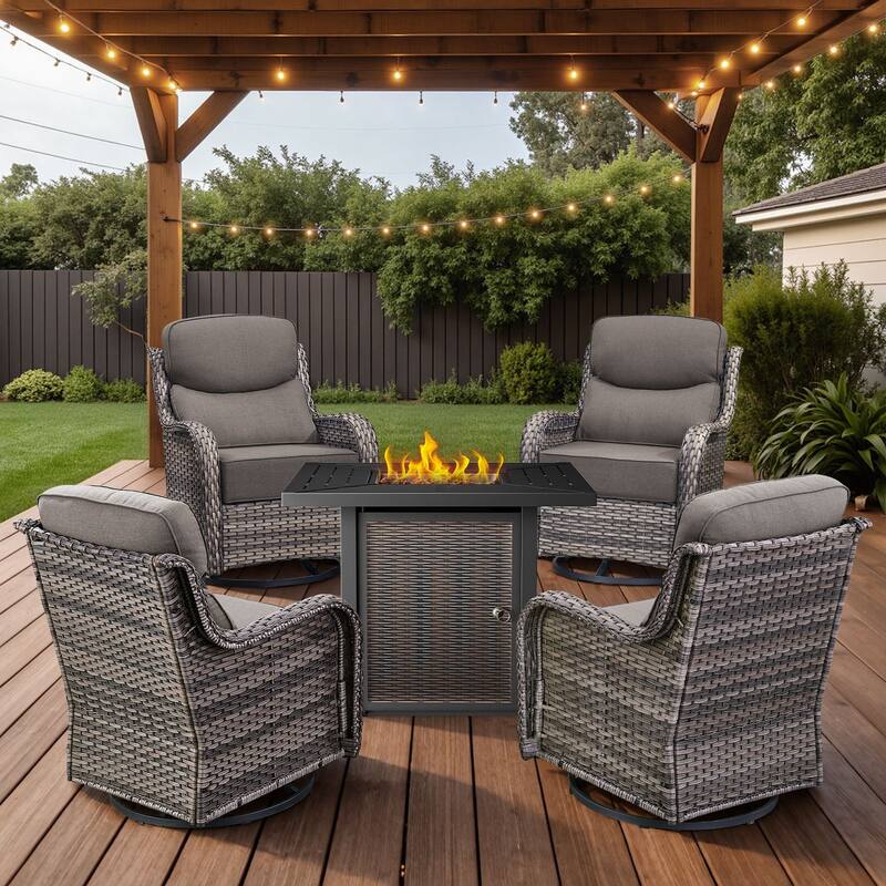 Arcadia 5-Piece Wicker Patio Set with 4 Swivel Glider Chairs and Square All-Iron Fire Pit