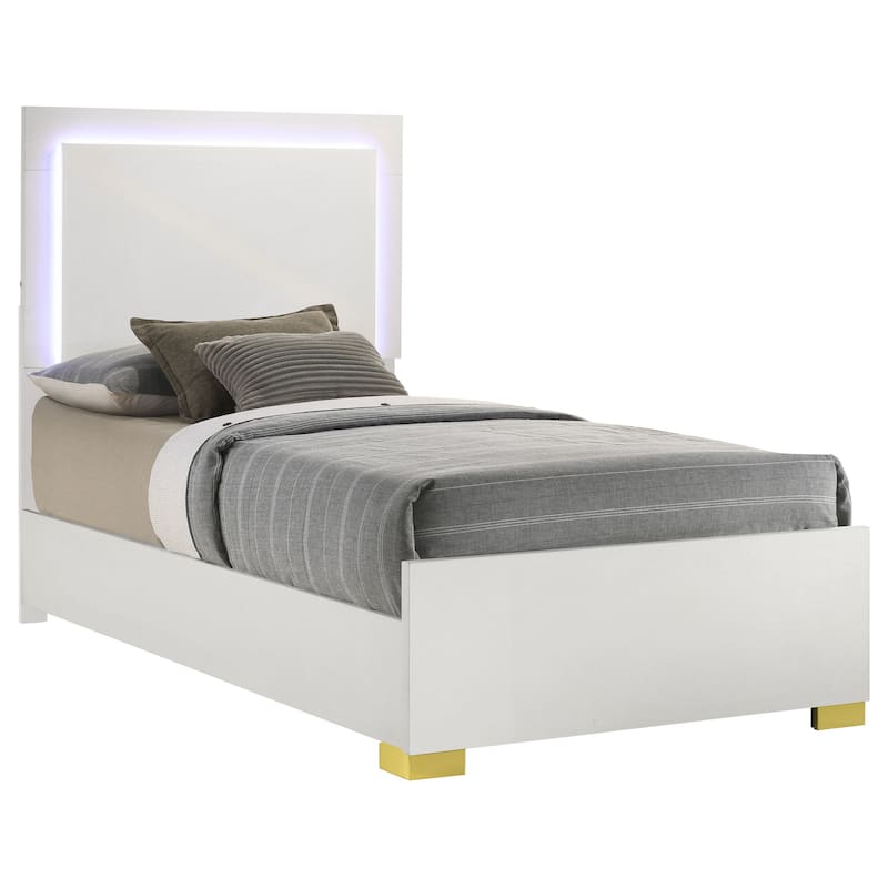 Dex Twin Size Bed with LED Framed Headboard, White Wood Finish, Gold Legs