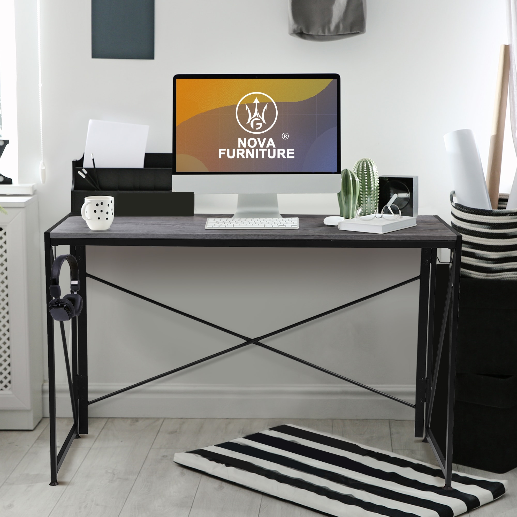 Nova Furniture Folding Home Office Computer Desk multifunction Laptop Table Portable Study Writing for small space Grey Desktop