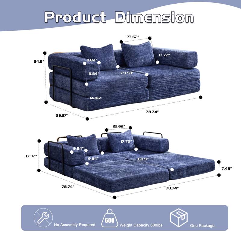 Chenille Loveseat Couch Boneless Modular Sectional Sofa Convertible Floor Sleeper Bed with Fixed-shape Frame for Living Room