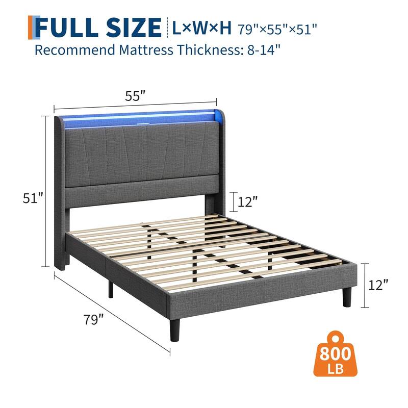 Twin Size Bed Frame with Charging Station and LED Lights, Modern Platform Bed with Slats