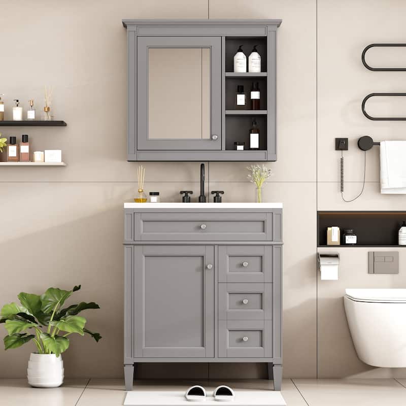 30'' Bathroom Vanity with Top Sink, Modern Bathroom Storage Cabinet with 2 Drawers and a Tip-out Drawer - Grey