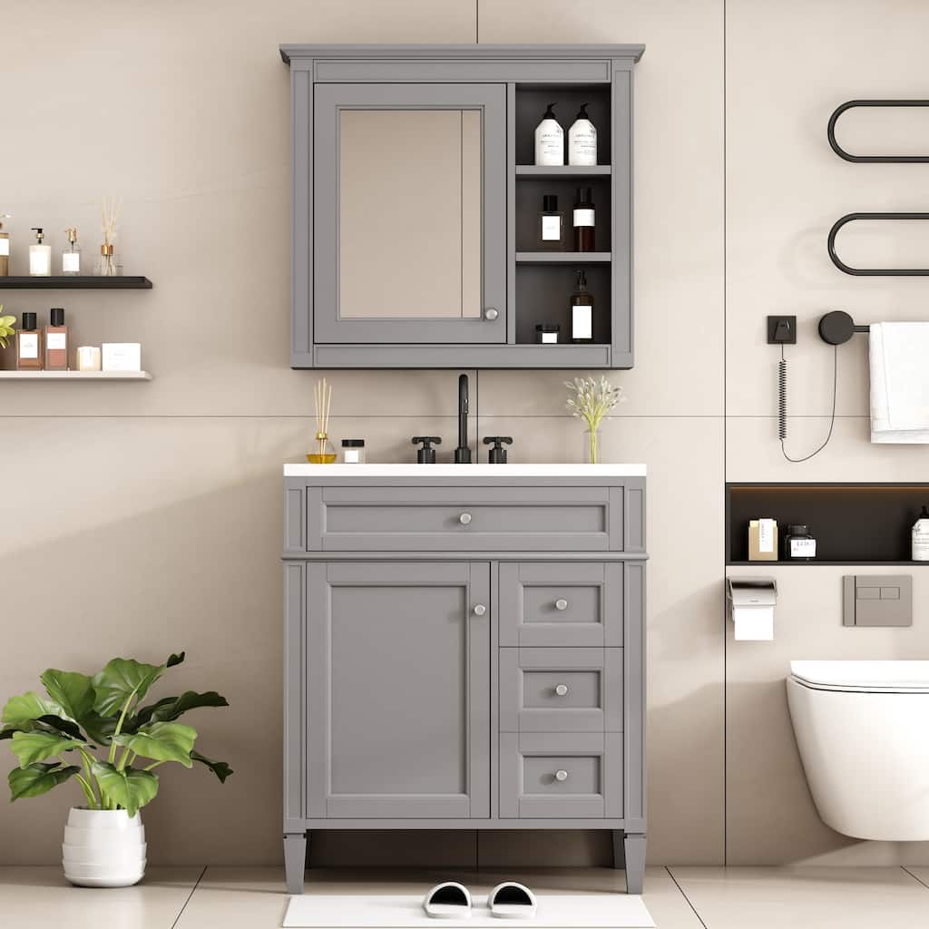 30'' Bathroom Vanity with Top Sink, Modern Bathroom Storage Cabinet with 2 Drawers and a Tip-out Drawer