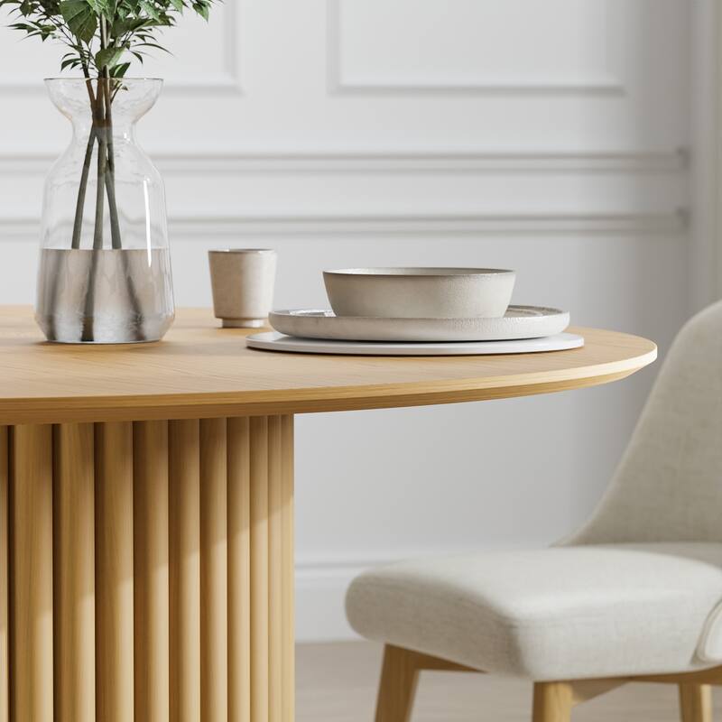 Modern Round Wooden Dining Table - 46" Diameter, Fluted Base, Natural Oak Finish for Dining Room