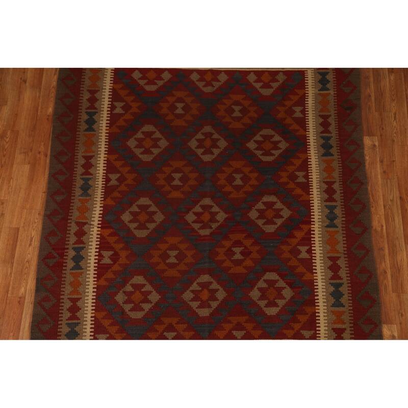 Tribal Geometric Kilim Area Rug Hand-woven Oriental Wool Carpet - 5'5" x 6'7"