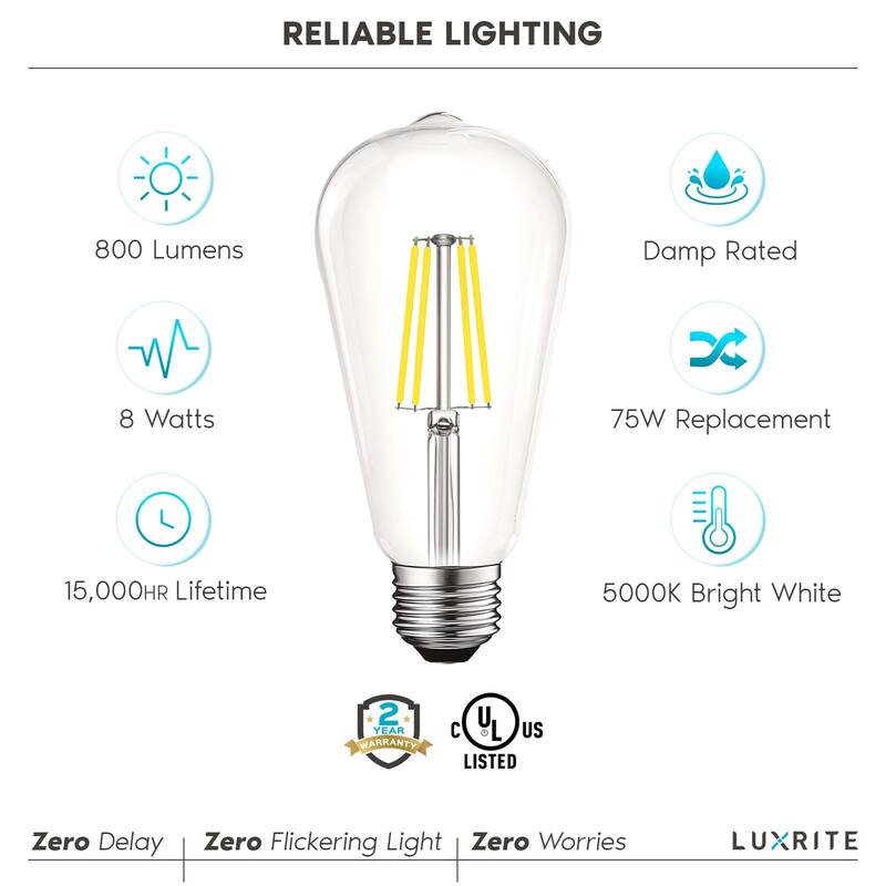 Luxrite LED Edison Bulbs 75W Equivalent ST19 ST58 5000K Bright White 800 Lumens Dimmable 8W Damp Rated UL E26 6 Pack