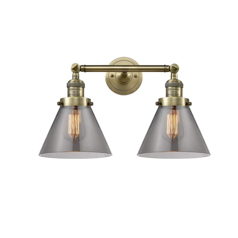 Innovations Lighting Large Cone 2 Light 18" Wide Bathroom Vanity Light - Antique Brass / Plated Smoke