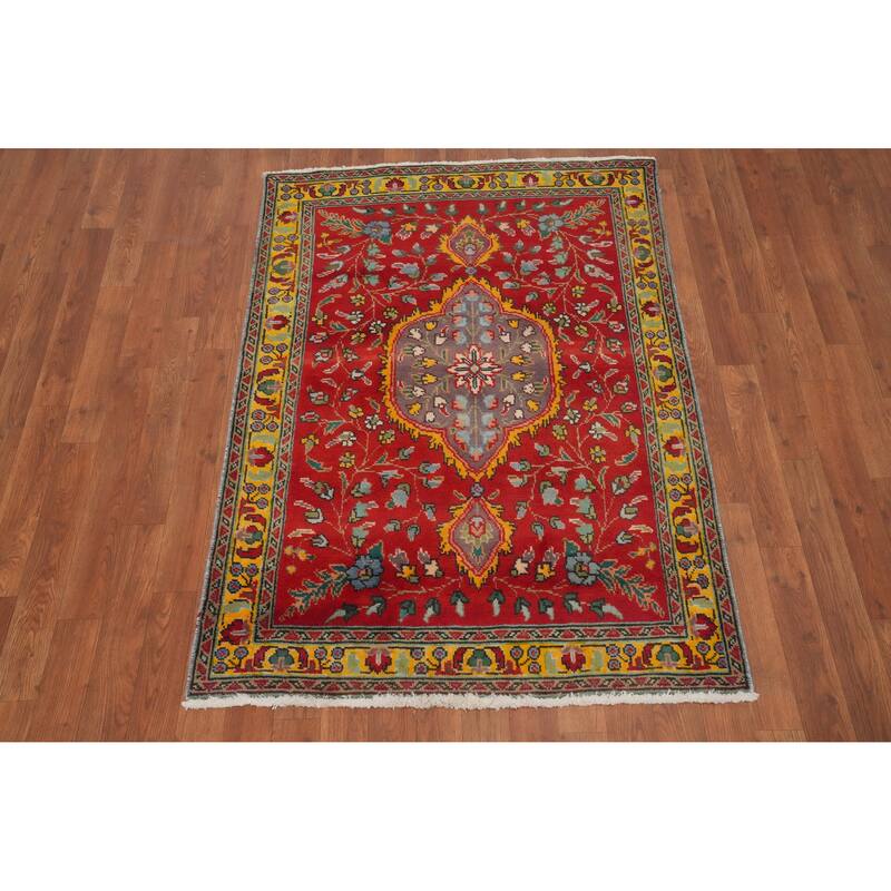 Hand Knotted Oriental 100% Wool Carpet Traditional Floral Red Tabriz Area Rug - 4' 8'' X 3' 4''