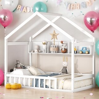 Kids and Baby Twin Size House Bed with Fence and Roof with Storage Shelf
