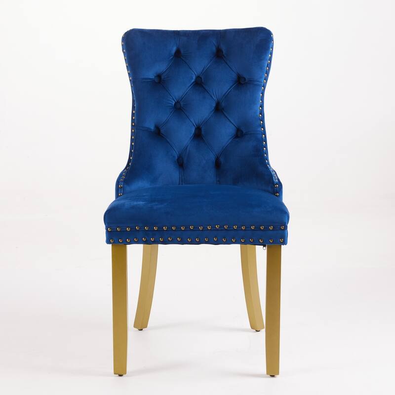 Velvet Dining Chairs Set of 2, Tufted Dining Chairs with Nailhead Trim, Kitchen Chairs with Lion Head Pulls Ring & Wooden Legs - Blue