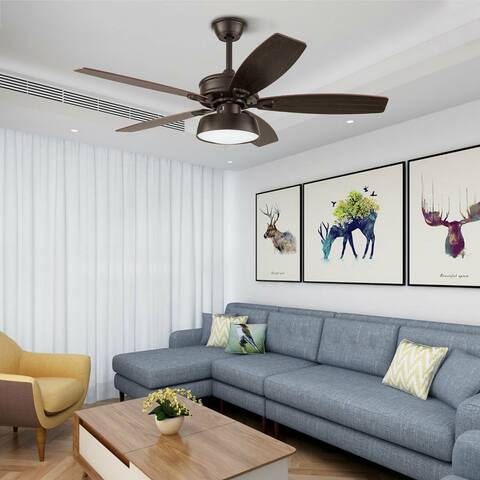 52" Bronze Ceiling Fan with 5 Wooden Blade and LED Light