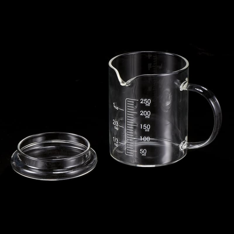 250ml Glass Measuring Cup, 3.3 Borosilicate Glass White Printed with Glass Lid