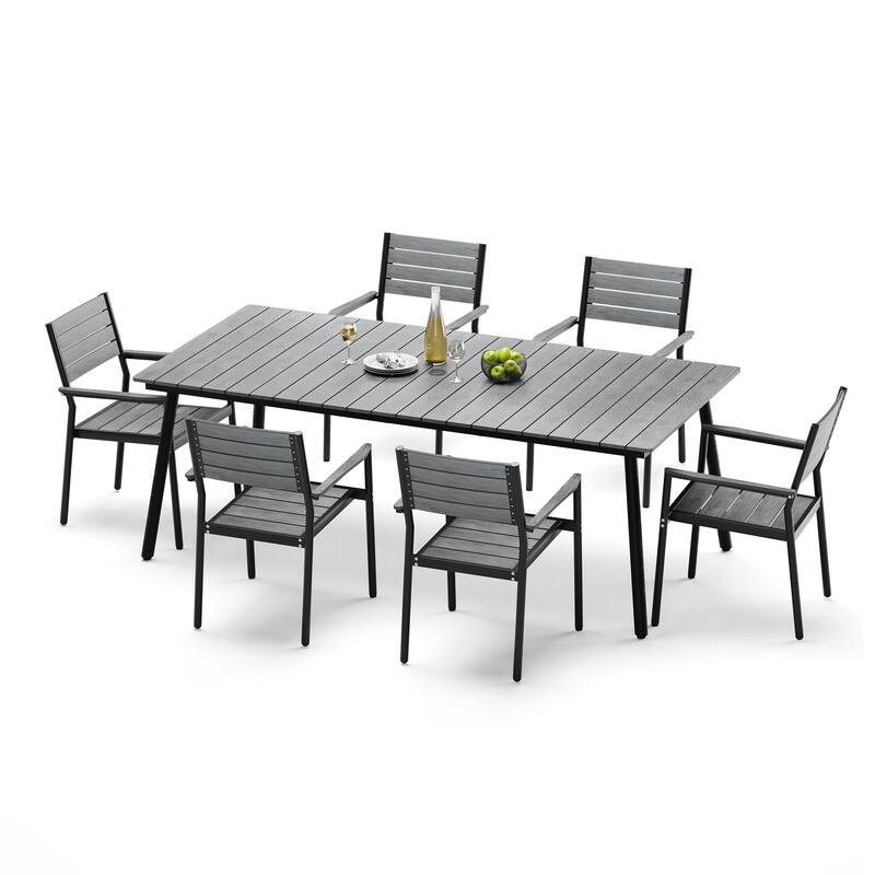 7-Piece Outdoor Patio Dining Set Aluminum Dining Table with Umbrella Hole and Stackable Armchairs