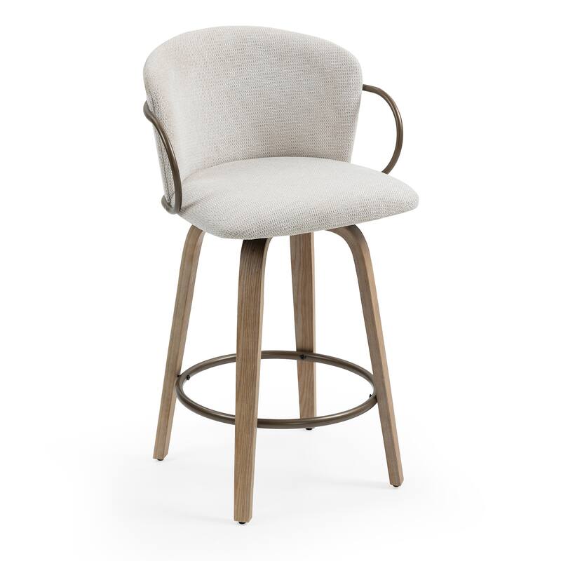 Set of 2 Bette Beige Woven Fabric Swivel Counter Stool with Wood Legs