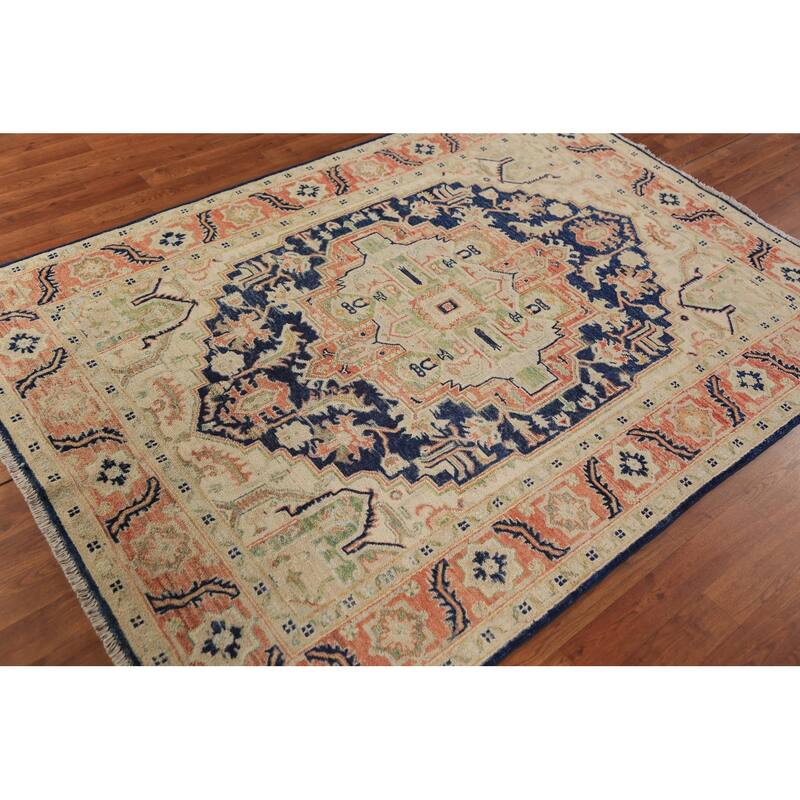 Vegetable Dye Heriz Serapi Oriental Rug Hand-Knotted Wool Carpet - 4'9"x 6'8"
