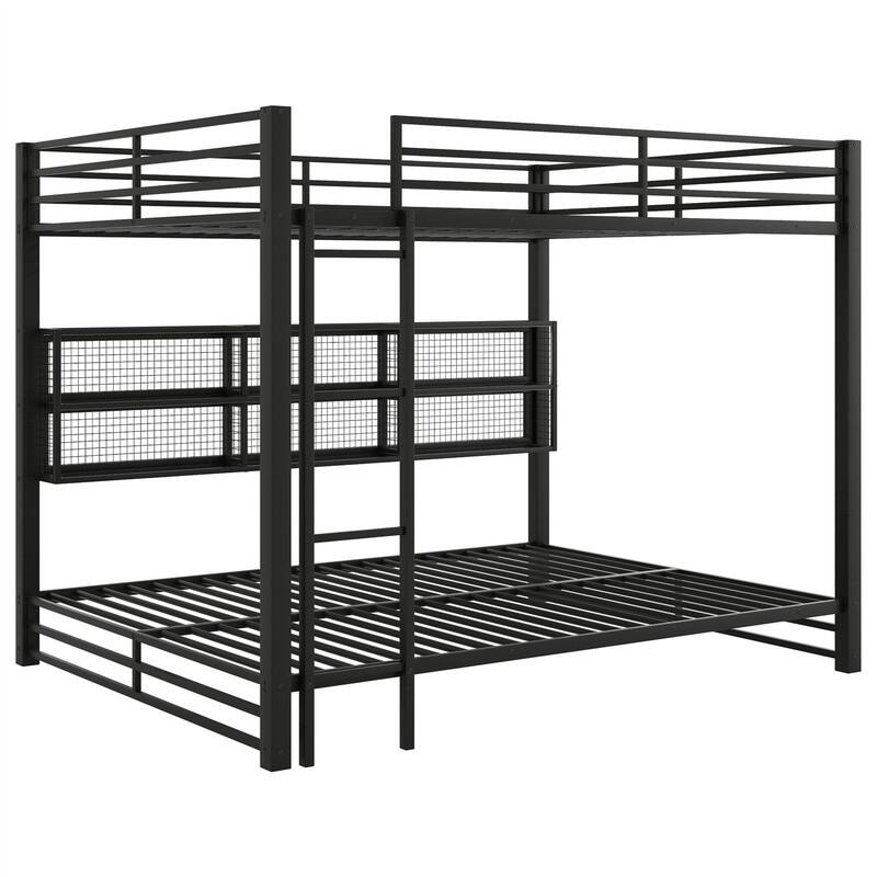 Queen Over Queen Size Bunk Bed with LED Light and Storage Cabinets, Metal Bunk Bed with Storage Shelves, Ladder and Guardrail