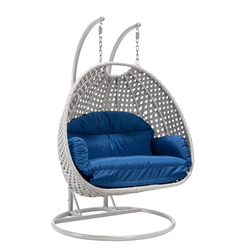 Mendoza 2-Person Hanging Egg Swing Chair with Iron Metal Stand Handcrafter Grey Wicker Hammocks for Outdoor Patio or Indoor Use - Blue