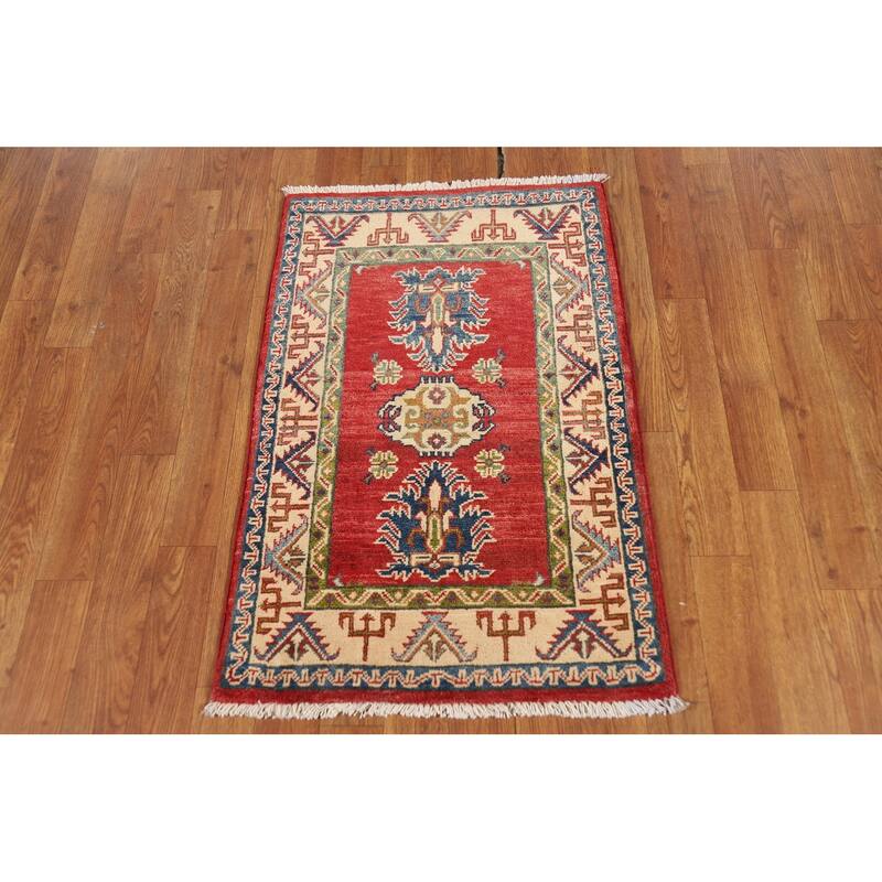 Geometric Red Kazak Oriental Rug Handmade Traditional Wool Carpet - 2'0" x 3'0"