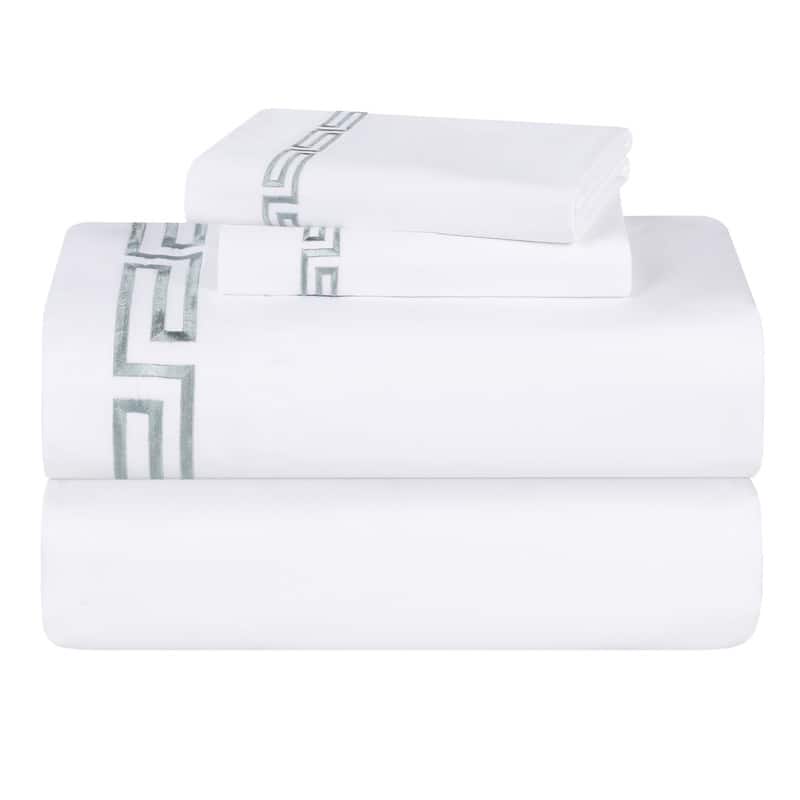 Blue Nile Mills Haven Cotton Greek Key Embroidered Bed Sheet Set - Twin