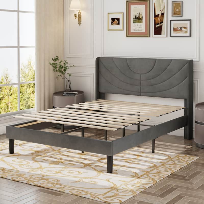 Javlergo Adjustable Dark Grey Platform Bed Frame with Modern Wingback Headboard No Box Spring Needed Heavy Duty Bed Frame
