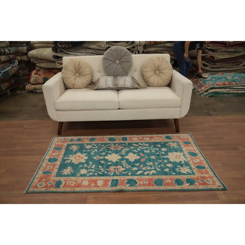 Hand Knotted Oriental 100% Wool Carpet Transitional All-Over Green Oushak Area Rug - 5' 3'' X 3' 2''