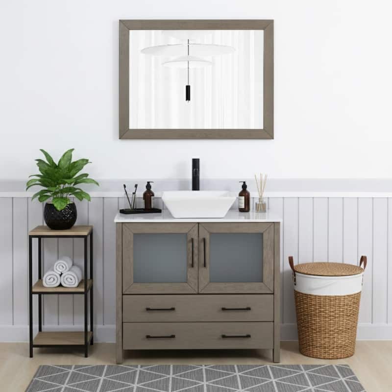 Vanity Art 36" Single Sink Bathroom Vanity Set with Engineered Marble Top Free Mirror - 36 x 18.5 x 36 Inches - Driftwood Gray