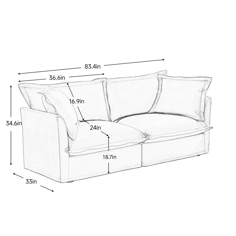 Modern 2 Seater Upholstered Sofa with 1 Ottoman and 2 Pillows