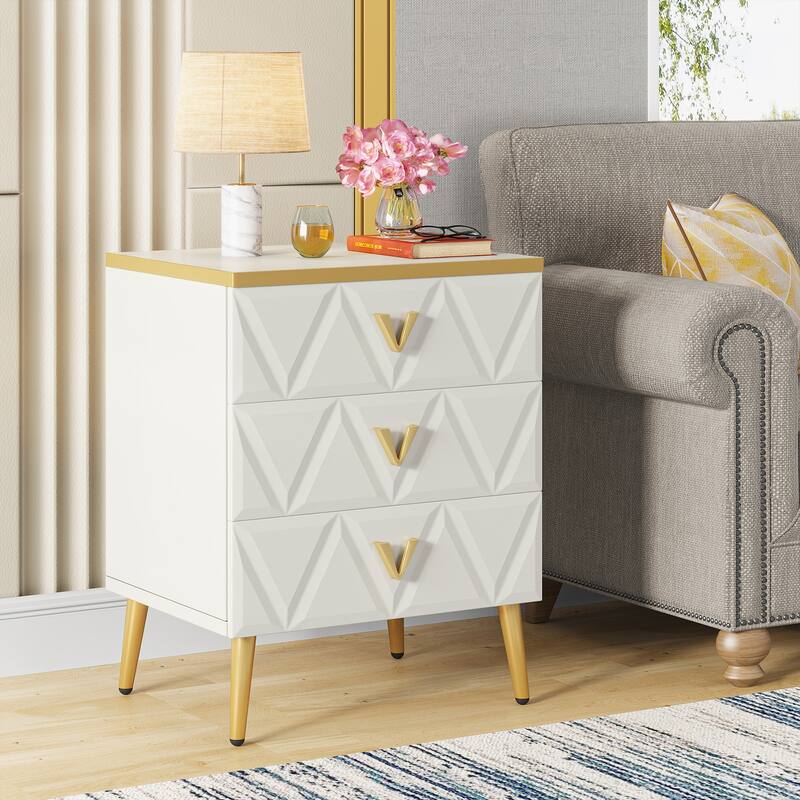 Pack of 2 Modern 3-Drawer Nightstand, White Gold Sofa End Table Bedside Table with Storage