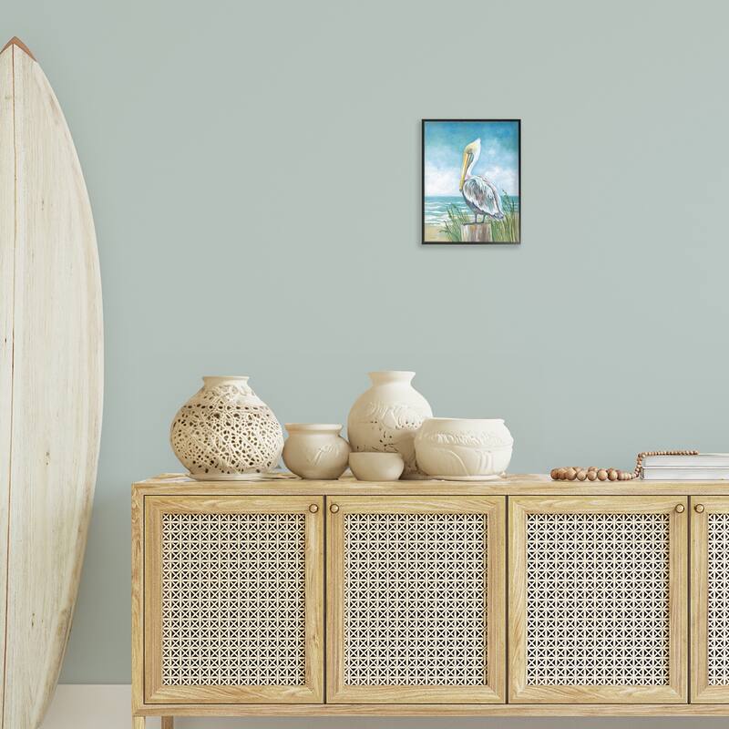 Stupell Pelican Perched near Shore Framed Giclee Art Design By Diane Kater