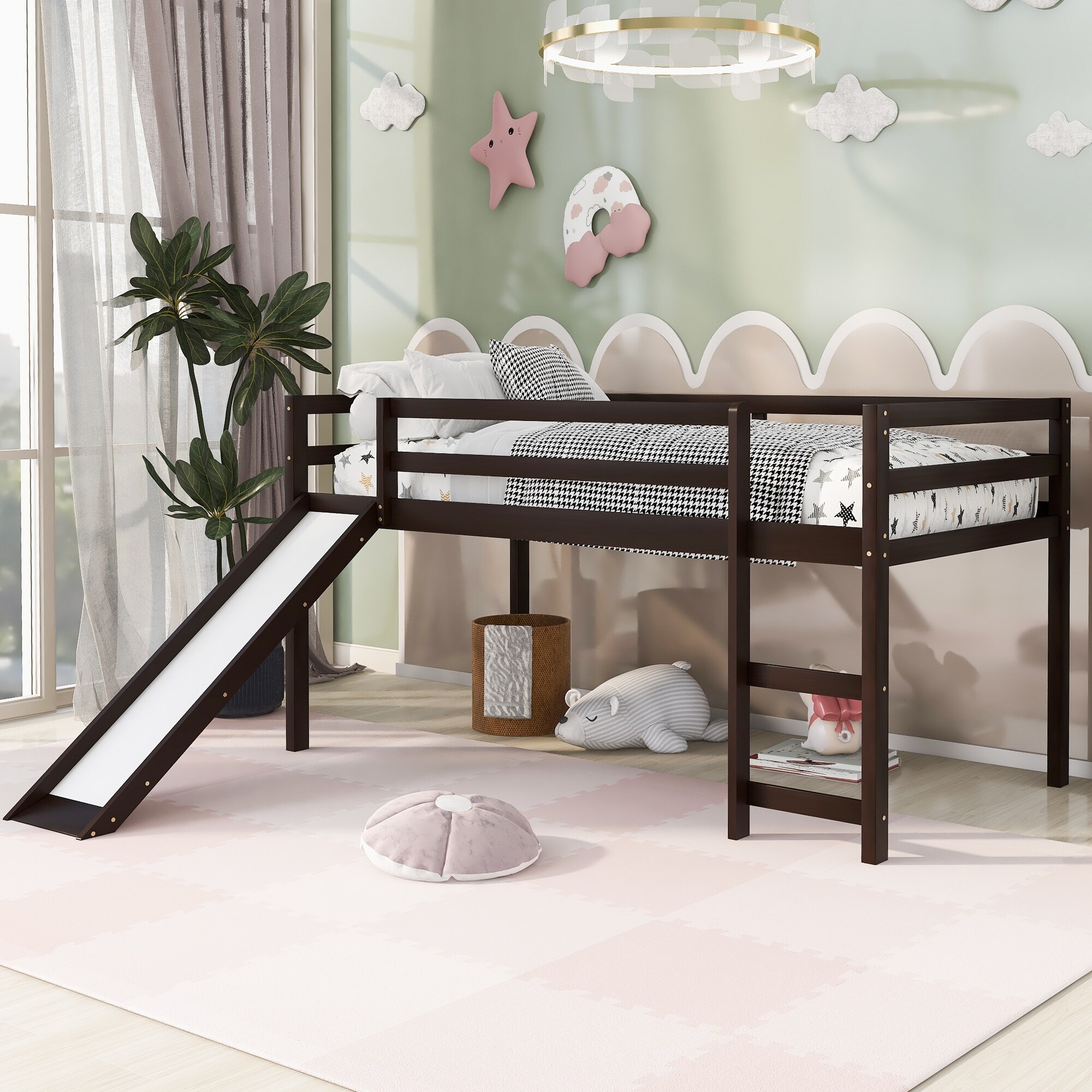Twin Size Loft Bed with Slide Wood Low Loft Bed Frame for Kids