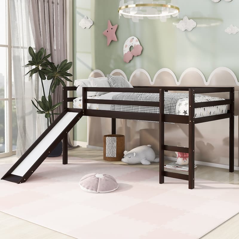 Wood Twin Loft Bed with Slide, Guardrails, and Ladder, Space-Saving Design for Kids - Espresso - Twin