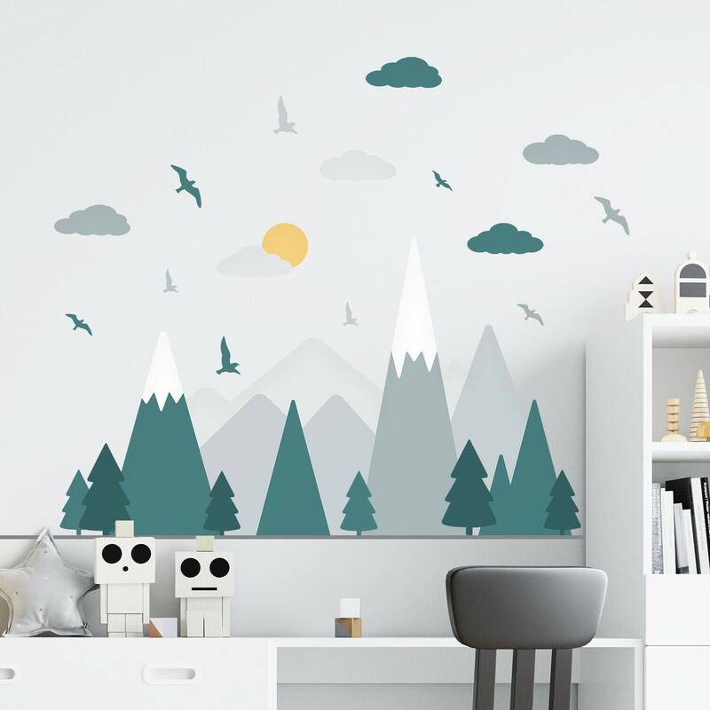 Walplus Green Grey Mountains Landscape Clouds Birds Children Wall Stickers