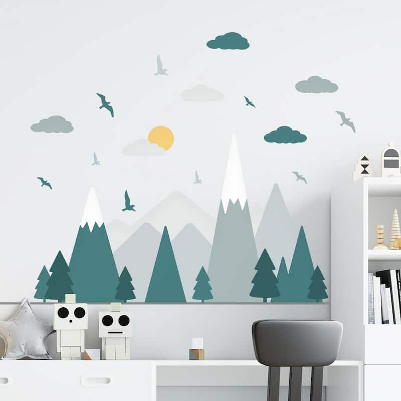 Walplus Green Grey Mountains Landscape Clouds Birds Children Wall Stickers