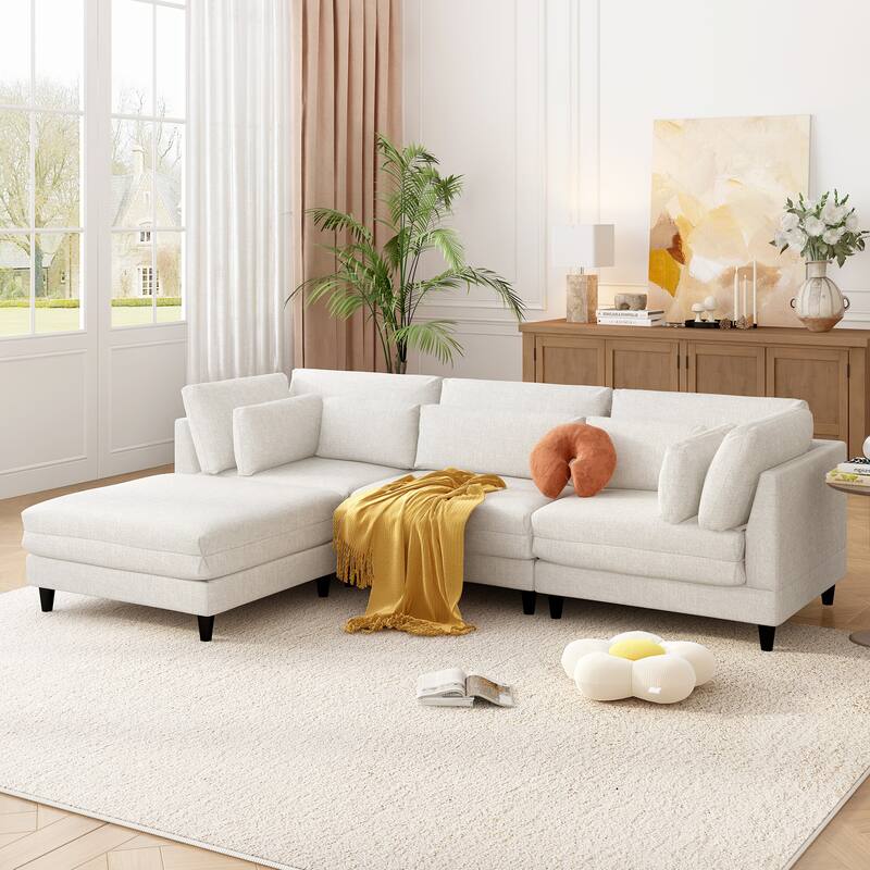 Modern Sectional Sofa with Piping Stitch Detail and Removable Ottoman and 5 pillows for Living Room or Guest Room